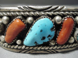 Opulent Vintage Native American Navajo Slanted Turquoise Coral Sterling Silver Leaf Bracelet Old-Nativo Arts