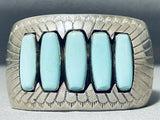 Signed Wide Unique Shape Turquoise Vintage Native American Navajo Sterling Silver Bracelet-Nativo Arts