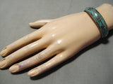 Detailed Vintage Native American Navajo Turquoise Inlay Sterling Silver Bracelet Old-Nativo Arts
