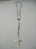 Amazing Blue Diamond Turquoise Native American Navajo Sterling Silver Rosary Christian Necklace-Nativo Arts
