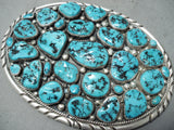 Chunky Vintage Native American Navajo Sleeping Beauty Turquoise Cluster Sterling Silver Buckle-Nativo Arts