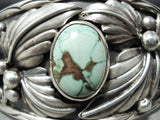 Vivid Vintage Native American Navajo Green Turquoise Sterling Silver Leaf Bracelet Old-Nativo Arts