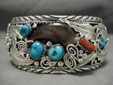 Huge Native American Navajo Silver Garden Turquoise Coral Sterling Bracelet Cuff-Nativo Arts
