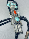 Native American Colossal Kachina Vintage Navajo Turquoise Coral Sterling Silver Bolo Tie-Nativo Arts