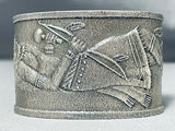 Unique Texture Sterling Silver Native American Navajo Hand Carved Kachina Heavy Bracelet-Nativo Arts