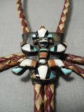 Striking Vintage Zuni Native American Turquoise Inlay Sterling Silver Bolo Tie-Nativo Arts