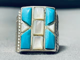 Huge Vintage Native American Navajo Turquoise Inlay Sterling Silver Ring-Nativo Arts