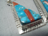 Astonishing Native American Navajo Creek Turquoise Coral Sterling Silver Earrings-Nativo Arts
