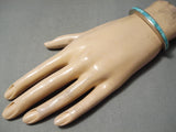 Thick Sturdy Vintage Native American Navajo Turquoise Inlay Sterling Silver Bracelet Old-Nativo Arts
