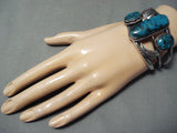 Museum Vintage Native American Navajo Blue Diamond Turquoise Sterling Silver Leaf Bracelet-Nativo Arts