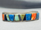 Signed And Intricate Vintage Native American Navajo Turquoise Lapis Sterling Silver Bracelet-Nativo Arts