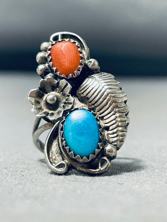 Tremendous Vintage Native American Navajo Turquoise & Coral Sterling Silver Ring-Nativo Arts