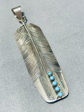 Rare Longer Vintage Native American Navajo Intricate Sterling Silver Feather Turquoise Pendant-Nativo Arts