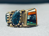 Native American Lander Blue Turquoise Vintage 14k Gold Richard Tsosie Inlay Turquoise Ring-Nativo Arts