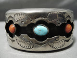 Tremendous Vintage Native American Navajo Coral Turquoise Sterling Silver Shadowbox Bracelet Old-Nativo Arts