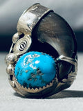 Huge Native American Navajo Turquoise Authentic Bear Sterling Silver Ring-Nativo Arts