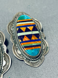 Meticulously Detailed Vintage Native American Navajo Inlay Turquoise Sterling Silver Earrings-Nativo Arts
