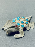 Wilf Begay Native American Navajo Signed Turquoise Coral Sterling Silver Toad Pin Pendant-Nativo Arts