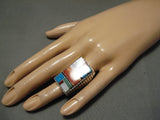 Huge Intricate Native American Navajo Turquoise Inlay Sterling Silver Ring-Nativo Arts