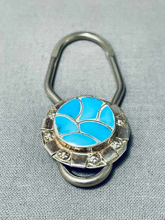 Signed Vintage Native American Zuni Turquoise Floral Sterling Silver Keychain-Nativo Arts