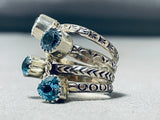 Brilliant Native American Navajo 4 Topaz Sterling Silver Handstamped Large Ring-Nativo Arts