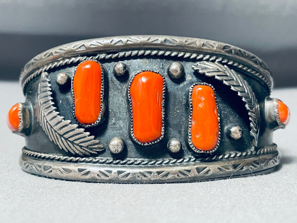 Museum Quality Vintage Native American Navajo Long Coral Sterling Silver Leaf Bracelet-Nativo Arts