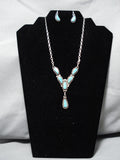 Amazing Vintage Native American Zuni Blue Gem Turquoise Sterling Silver Earrings Necklace-Nativo Arts