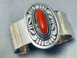 Leo Nez Native American Navajo Huge Coral Sterling Silver Concho Bracelet-Nativo Arts