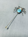 Native American Impressive Vintage Signed Morenci Turquoise Sterling Silver Spider Hat Pin-Nativo Arts