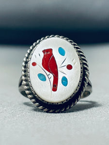 Best Vintage Native American Zuni Coral Turquoise Sterling Silver Cardinal Ring-Nativo Arts