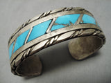 Rare Slanted Inlay Vintage Native American Navajo Turquoise Sterling Silver Bracelet- Heavy!-Nativo Arts