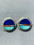 Important 14k Gold Vintage Native American Navajo Lyndon Tsosie Inlay Earrings-Nativo Arts