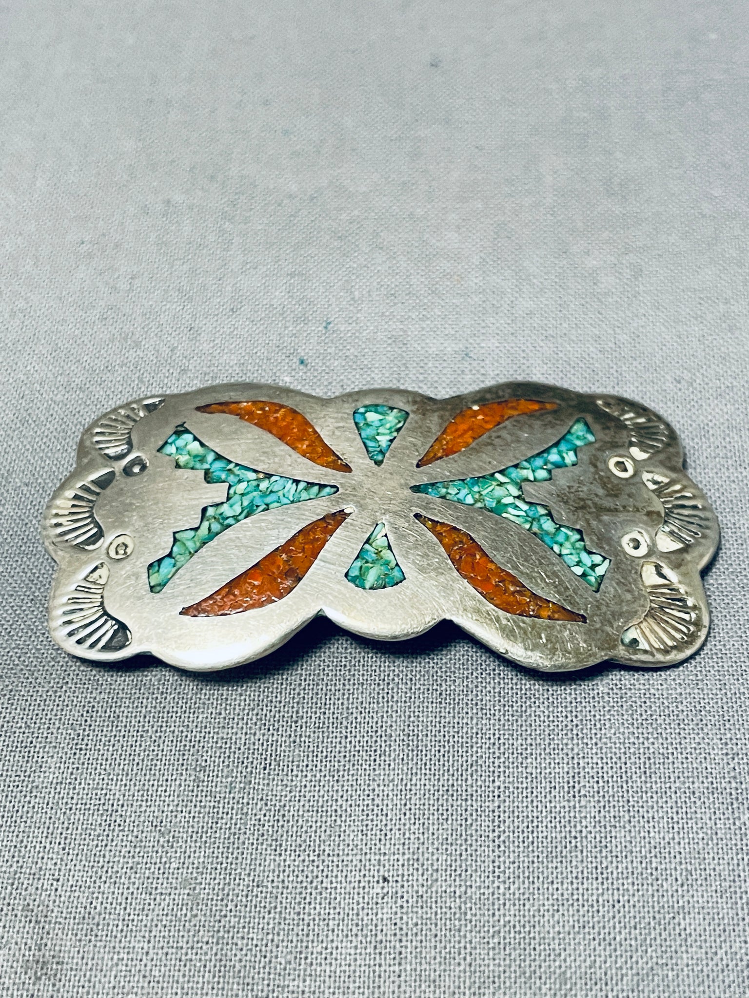 Chip Inlay Method Turquoise Spectacular Vintage Native American Navajo Turquoise Coral Chip Inlay ...