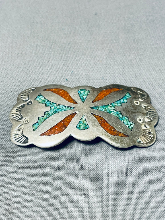 Spectacular Vintage Native American Navajo Turquoise Coral Chip Inlay Sterling Silver Pin-Nativo Arts