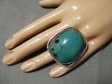 One Of The Biggest Vintage Native American Navajo Squared Green Turquoise Sterling Silver Ring-Nativo Arts