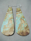 Native American One Of The Longest Santo Domingo Rare #8 Turquoise Slab Sterling Silver Earrings-Nativo Arts