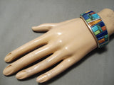 Detailed Turquoise Gaspeite Inlay Native American Navajo Sterling Silver Bracelet Cuff-Nativo Arts