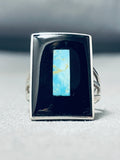 Important Vintage Native American Zuni Turquoise Jet Sterling Silver Long Ring-Nativo Arts