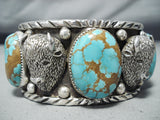 Native American Heavy 172 Gram Navajo Buffalo #8 Turquoise Sterling Silver Bracelet-Nativo Arts