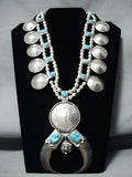 Heavy 282 Gram Native American Navajo Bear Turquoise Sterling Silver Squash Blossom Necklace-Nativo Arts