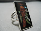 Native American Important Harlan Coonsis Cardinal Motif Coral Sterling Silver Turquoise Ring-Nativo Arts