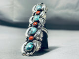 One Of The Tallest Native American Navajo Turquoise Coral Sterling Silver Ring-Nativo Arts