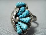 Exquisite Vintage Native American Zuni Carved Blue Gem Turquoise Sterling Silver Ring-Nativo Arts
