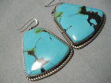 Stunning Huge Vintage Native American Navajo Spiderweb Turquoise Chunk Sterling Silver Earrings-Nativo Arts