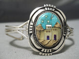 Rare!! Modern Native American Navajo Turquoise Inlay Pueblo Scene Sterling Silver Bracelet-Nativo Arts