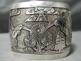 Huge Modern Navajo Sterling Silver Hummingbird Scene Bracelet Native American-Nativo Arts