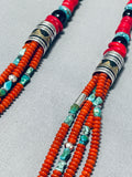 Native American Authentic Singer Coral Turquoise Sterling Silver Tubule Necklace-Nativo Arts