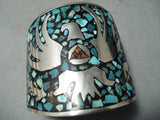 Massive Vintage Native American Navajo Turquoise Inlay Sterling Silver Bracelet-Nativo Arts