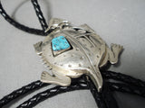 Important Hand Carved Native American Navajo Turquoise Sterling Silver Toad Bolo Tie-Nativo Arts
