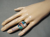 Huge Men's Native American Navajo Turquoise Coral Jet Inlay Sterling Silver Ring-Nativo Arts
